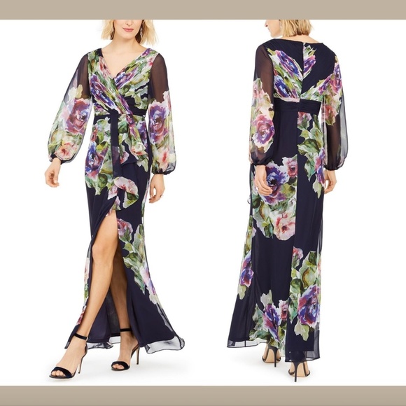 NEW $249‎ Adrianna Papell Long Sleeve Floral Print Chiffon Gown [ SZ 4 ] - Picture 1 of 12
